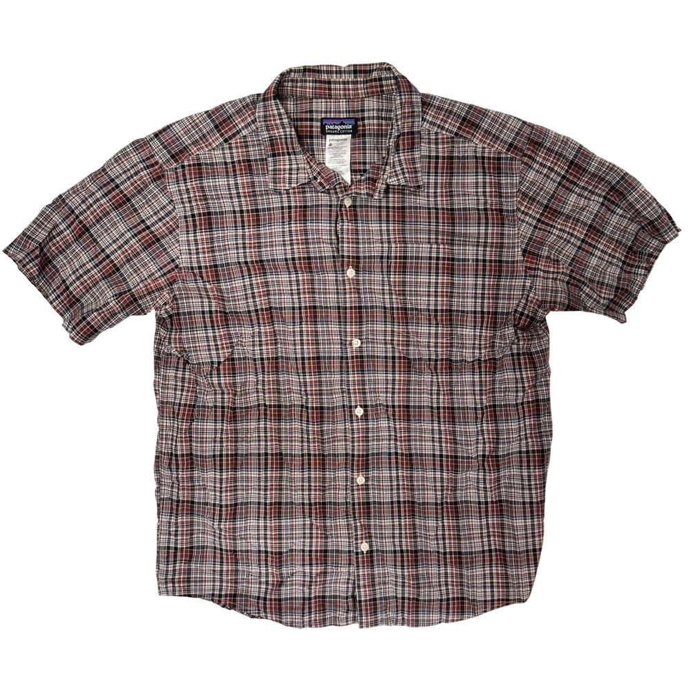Patagonia Fezzman Shirt Mens Large Plaid Organic Cotton Blend Short Sleeve Red
